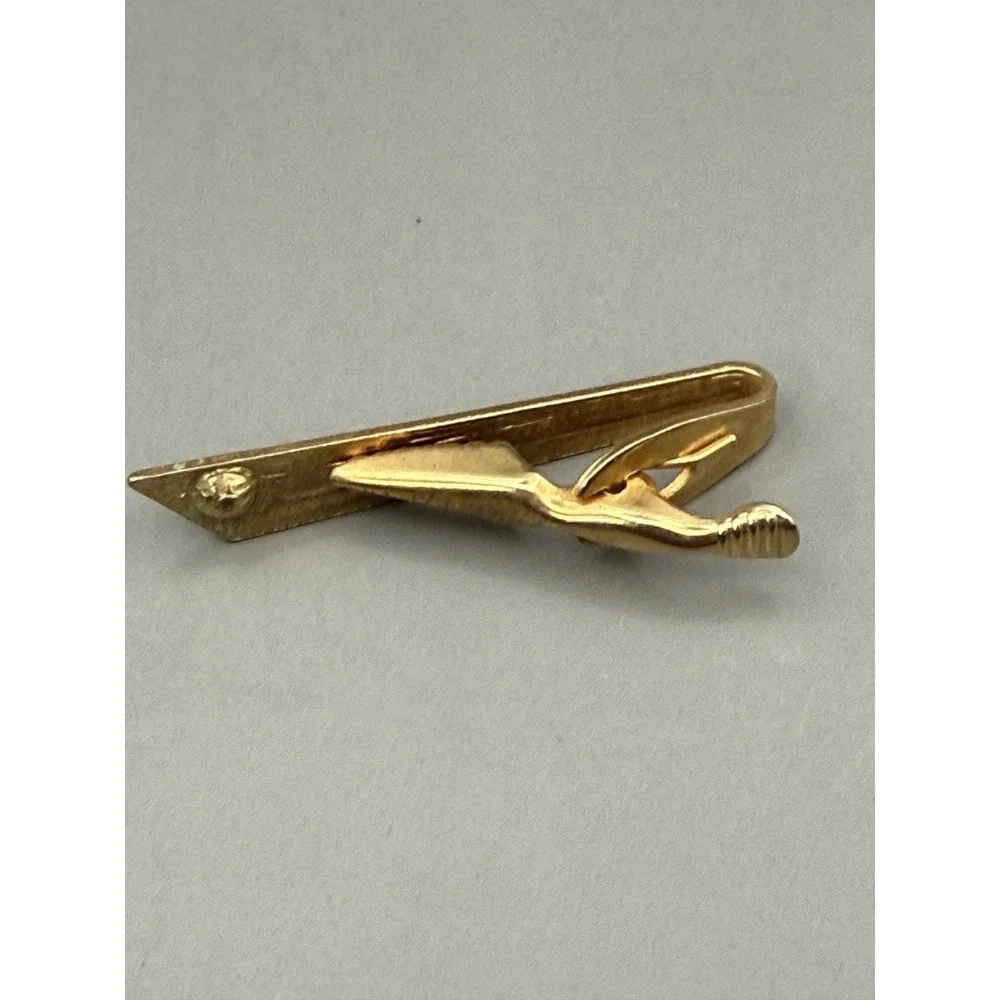 Gold Tone Tie Bar Clip Faux Pearl Etched Line Pattern Men Accessory 1.75 Inch